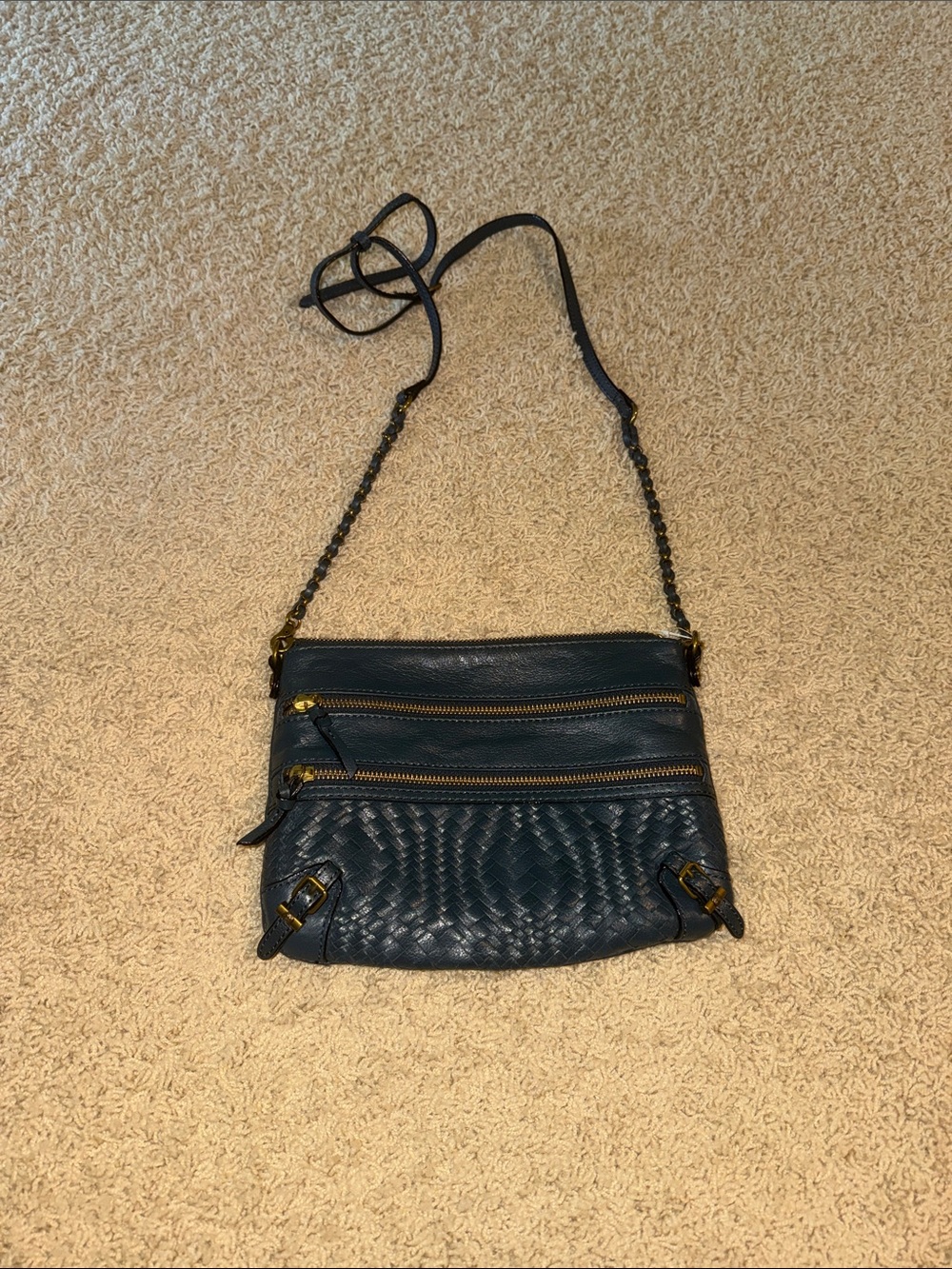 Woven Dark Teal Crossbody Bag with Gold Hardware